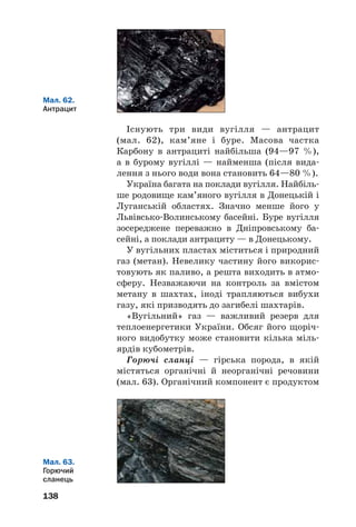138
Існують три види вугілля — антрацит
(мал. 62), кам’яне і буре. Масова частка
Карбону в антрациті найбільша (94—97 %),
а в бурому вугіллі — найменша (після вида
лення з нього води вона становить 64—80 %).
Україна багата на поклади вугілля. Найбіль
ше родовище кам’яного вугілля в Донецькій і
Луганській областях. Значно менше його у
Львівсько Волинському басейні. Буре вугілля
зосереджене переважно в Дніпровському ба
сейні, а поклади антрациту — в Донецькому.
У вугільних пластах міститься і природний
газ (метан). Невелику частину його викорис
товують як паливо, а решта виходить в атмо
сферу. Незважаючи на контроль за вмістом
метану в шахтах, іноді трапляються вибухи
газу, які призводять до загибелі шахтарів.
«Вугільний» газ — важливий резерв для
теплоенергетики України. Обсяг його щоріч
ного видобутку може становити кілька міль
ярдів кубометрів.
Горючі сланці — гірська порода, в якій
містяться органічні й неорганічні речовини
(мал. 63). Органічний компонент є продуктом
Мал. 62.
Антрацит
Мал. 63.
Горючий
сланець
 