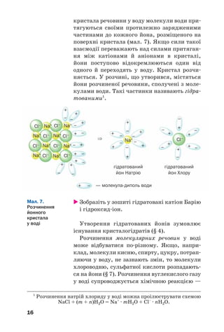 16
Зобразіть у зошиті гідратовані катіон Барію
і гідроксид іон.
Утворення гідратованих йонів зумовлює
існування кристалогідратів (§ 4).
Розчинення молекулярних речовин у воді
може відбуватися по різному. Якщо, напри
клад, молекули кисню, спирту, цукру, потрап
ляючи у воду, не зазнають змін, то молекули
хлороводню, сульфатної кислоти розпадають
ся на йони (§ 7). Розчинення вуглекислого газу
у воді супроводжується хімічною реакцією —
Мал. 7.
Розчинення
йонного
кристала
у воді
+
– –
–
–
–
–
⇒
–
— молекула диполь води
гідратований
йон Натрію
гідратований
йон Хлору–
Cl–
Cl–
Cl–
Cl–Na+
Na+
Na+
Na+
Na+
Na+
Na+
Na+
Na+ Cl–
Cl–
Cl–
Cl–
Cl–
–
–
–
–
–
–
–
–
–
–
–
–
–
–
+
+
+
+
+
+
++
+
+
+
+
+
+
+
+
+
+
+
+
+
1
Розчинення натрій хлориду у воді можна проілюструвати схемою
NaCl + (m + n)H2O = Na+
· mH2O + Cl–
· nH2O.
кристала речовини у воду молекули води при
тягуються своїми протилежно зарядженими
частинами до кожного йона, розміщеного на
поверхні кристала (мал. 7). Якщо сили такої
взаємодії переважають над силами притяган
ня між катіонами й аніонами в кристалі,
йони поступово відокремлюються один від
одного й переходять у воду. Кристал розчи
няється. У розчині, що утворився, містяться
йони розчиненої речовини, сполучені з моле
кулами води. Такі частинки називають гідра
тованими1
.
 
