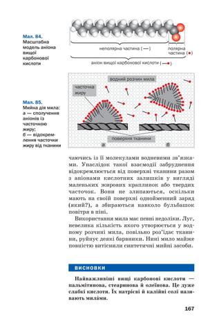 167
чаючись із її молекулами водневими зв’язка
ми. Унаслідок такої взаємодії забруднення
відокремлюється від поверхні тканини разом
з аніонами кислотних залишків у вигляді
маленьких жирових краплинок або твердих
часточок. Вони не злипаються, оскільки
мають на своїй поверхні однойменний заряд
(який?), а збираються навколо бульбашок
повітря в піні.
Використання мила має певні недоліки. Луг,
невелика кількість якого утворюється у вод
ному розчині мила, повільно роз’їдає ткани
ни, руйнує деякі барвники. Нині мило майже
повністю витіснили синтетичні мийні засоби.
ВИСНОВКИ
Найважливіші вищі карбонові кислоти —
пальмітинова, стеаринова й олеїнова. Це дуже
слабкі кислоти. Їх натрієві й калійні солі нази
вають милŽми.
а б
Мал. 84.
Масштабна
модель аніона
вищої
карбонової
кислоти
Мал. 85.
Мийна дія мила:
а — сполучення
аніонів із
часточкою
жиру;
б — відокрем
лення часточки
жиру від тканини
 