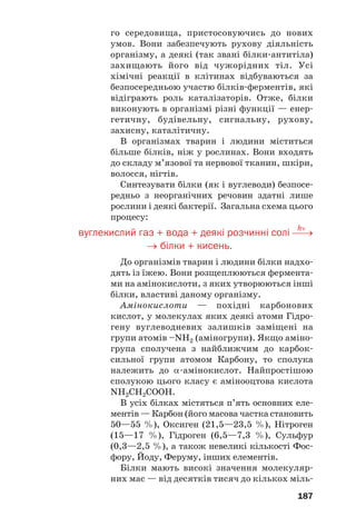 187
го середовища, пристосовуючись до нових
умов. Вони забезпечують рухову діяльність
організму, а деякі (так звані білки антитіла)
захищають його від чужорідних тіл. Усі
хімічні реакції в клітинах відбуваються за
безпосередньою участю білків ферментів, які
відіграють роль каталізаторів. Отже, білки
виконують в організмі різні функції — енер
гетичну, будівельну, сигнальну, рухову,
захисну, каталітичну.
В організмах тварин і людини міститься
більше білків, ніж у рослинах. Вони входять
до складу м’язової та нервової тканин, шкіри,
волосся, нігтів.
Синтезувати білки (як і вуглеводи) безпосе
редньо з неорганічних речовин здатні лише
рослини і деякі бактерії. Загальна схема цього
процесу:
hν
вуглекислий газ + вода + деякі розчинні солі ⎯→
→ білки + кисень.
До організмів тварин і людини білки надхо
дять із їжею. Вони розщеплюються фермента
ми на амінокислоти, з яких утворюються інші
білки, властиві даному організму.
Амінокислоти — похідні карбонових
кислот, у молекулах яких деякі атоми Гідро
гену вуглеводневих залишків заміщені на
групи атомів –NH2 (аміногрупи). Якщо аміно
група сполучена з найближчим до карбок
сильної групи атомом Карбону, то сполука
належить до α амінокислот. Найпростішою
сполукою цього класу є амінооцтова кислота
NH2CH2COOH.
В усіх білках містяться п’ять основних еле
ментів — Карбон (його масова частка становить
50—55 %), Оксиген (21,5—23,5 %), Нітроген
(15—17 %), Гідроген (6,5—7,3 %), Сульфур
(0,3—2,5 %), а також невеликі кількості Фос
фору, Йоду, Феруму, інших елементів.
Білки мають високі значення молекуляр
них мас — від десятків тисяч до кількох міль
 