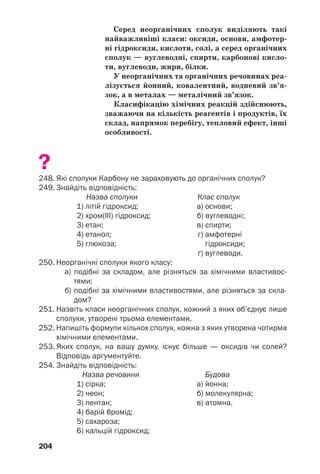 204
Серед неорганічних сполук виділяють такі
найважливіші класи: оксиди, основи, амфотер
ні гідроксиди, кислоти, солі, а серед органічних
сполук — вуглеводні, спирти, карбонові кисло
ти, вуглеводи, жири, білки.
У неорганічних та органічних речовинах реа
лізується йонний, ковалентний, водневий зв’я
зок, а в металах — металічний зв’язок.
Класифікацію хімічних реакцій здійснюють,
зважаючи на кількість реагентів і продуктів, їх
склад, напрямок перебігу, тепловий ефект, інші
особливості.
?
248. Які сполуки Карбону не зараховують до органічних сполук?
249. Знайдіть відповідність:
Назва сполуки Клас сполук
1) літій гідроксид; а) основи;
2) хром(ІІІ) гідроксид; б) вуглеводні;
3) етан; в) спирти;
4) етанол; г) амфотерні
5) глюкоза; гідроксиди;
ґ) вуглеводи.
250. Неорганічні сполуки якого класу:
а) подібні за складом, але різняться за хімічними властивос
тями;
б) подібні за хімічними властивостями, але різняться за скла
дом?
251. Назвіть класи неорганічних сполук, кожний з яких об’єднує лише
сполуки, утворені трьома елементами.
252. Напишіть формули кількох сполук, кожна з яких утворена чотирма
хімічними елементами.
253. Яких сполук, на вашу думку, існує більше — оксидів чи солей?
Відповідь аргументуйте.
254. Знайдіть відповідність:
Назва речовини Будова
1) сірка; а) йонна;
2) неон; б) молекулярна;
3) пентан; в) атомна.
4) барій бромід;
5) сахароза;
6) кальцій гідроксид;
 
