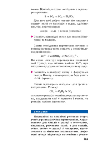 209
водою. Відповідна схема послідовних перетво
рень речовин:
S → SO2 → SO3 → Н2SО4.
Для того щоб добути основу або кислоту з
оксиду, який не взаємодіє з водою, здійсню
ють такі перетворення:
оксид → сіль → основа (кислота).
Складіть відповідні схеми для сполук Ніке
лю(ІІ) та Силіцію.
Схеми послідовних перетворень речовин у
водних розчинах часто подають у йонно моле
кулярній формі:
Zn2+
→ Zn(OH)2 → [Zn(OH)4]2–
.
Ця схема ілюструє перетворення розчинної
солі Цинку, яка містить катіони Zn2+
, при
поступовому додаванні водного розчину лугу.
Запишіть відповідну схему з формулами
сполук Цинку, якщо в реакціях бере участь
літій гідроксид.
Схеми перетворень наводять і для органіч
них речовин. У схему
t t
СН4 → С2Н2 → СО2
закладено реакцію термічного розкладу мета
ну, продуктами якої є ацетилен і водень, та
реакцію горіння ацетилену.
ВИСНОВКИ
Неорганічні та органічні речовини беруть
участь у різних хімічних перетвореннях. Харак
терними для металів є реакції з неметалами,
кислотами, розчинами солей, а для оксидів,
основ, кислот — реакції зі сполуками, проти
лежними за хімічними властивостями. Амфо
терні оксиди і гідроксиди взаємодіють з речови
 