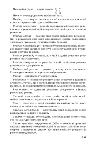 231
Пептидна група — група атомів
Піна — неоднорідна суміш рідини і газу.
Полімер — сполука, молекули якої складаються з великої
кількості груп атомів однакової будови.
Реакція заміщення — реакція між простою і складною речо
винами, в результаті якої утворюються інші проста і складна
речовини.
Реакція обміну — реакція між двома складними речовина
ми, в результаті якої вони обмінюються своїми складовими
частинами (атомами, групами атомів, йонами).
Реакція полімеризації — реакція утворення полімеру внаслі
док сполучення багатьох молекул мономеру за рахунок руйну
вання кратних зв’язків.
Реакція розкладу — реакція, в якій з однієї речовини утво
рюється кілька речовин.
Реакція сполучення — реакція, в якій із кількох речовин
утворюється одна речовина.
Розбавлений розчин — розчин, у якому міститься значно
більше розчинника, ніж розчиненої речовини.
Розчин — однорідна суміш речовин.
Розчинник — компонент розчину, який перебуває в такому ж
агрегатному стані, що й розчин. Якщо таких компонентів розчи
ну кілька, то розчинником обирають той, маса якого найбільша.
Розчинність — здатність речовини утворювати з іншою
речовиною розчин.
Сильний електроліт — електроліт, який повністю або
майже повністю розпадається на йони в розчині.
Сіль — електроліт, який дисоціює на катіони металічного
елемента та аніони кислотного залишку.
Слабкий електроліт — електроліт, який незначною мірою
розпадається на йони в розчині.
Спирти — похідні вуглеводнів, молекули яких містять одну
або кілька гідроксильних груп.
Стійкі органічні забруднювачі (СОЗ) — токсичні органічні
сполуки штучного походження, які не зазнають хімічних пере
творень у природних умовах або дуже повільно реагують із
речовинами довкілля.
–
=
HO
–C–N–
 