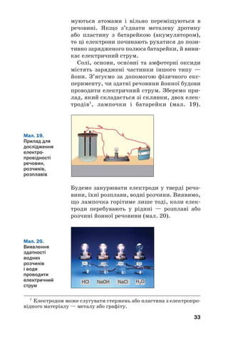 33
муються атомами і вільно переміщуються в
речовині. Якщо з’єднати металеву дротину
або пластину з батарейкою (акумулятором),
то ці електрони починають рухатися до пози
тивно зарядженого полюса батарейки, й вини
кає електричний струм.
Солі, основи, осн¼вні та амфотерні оксиди
містять заряджені частинки іншого типу —
йони. З’ясуємо за допомогою фізичного екс
перименту, чи здатні речовини йонної будови
проводити електричний струм. Зберемо при
лад, який складається зі склянки, двох елек
тродів1
, лампочки і батарейки (мал. 19).
1
Електродом може слугувати стержень або пластина з електропро
відного матеріалу — металу або графіту.
Мал. 19.
Прилад для
дослідження
електро
провідності
речовин,
розчинів,
розплавів
HСl NaOH NaCl H2O
Мал. 20.
Виявлення
здатності
водних
розчинів
і води
проводити
електричний
струм
Будемо занурювати електроди у тверді речо
вини, їхні розплави, водні розчини. Виявимо,
що лампочка горітиме лише тоді, коли елек
троди перебувають у рідині — розплаві або
розчині йонної речовини (мал. 20).
 