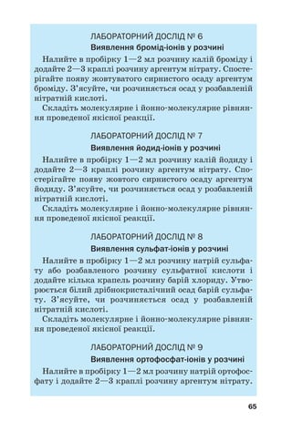 65
ЛАБОРАТОРНИЙ ДОСЛІД № 6
Виявлення бромід іонів у розчині
Налийте в пробірку 1—2 мл розчину калій броміду і
додайте 2—3 краплі розчину аргентум нітрату. Спосте
рігайте появу жовтуватого сирнистого осаду аргентум
броміду. З’ясуйте, чи розчиняється осад у розбавленій
нітратній кислоті.
Складіть молекулярне і йонно молекулярне рівнян
ня проведеної якісної реакції.
ЛАБОРАТОРНИЙ ДОСЛІД № 7
Виявлення йодид іонів у розчині
Налийте в пробірку 1—2 мл розчину калій йодиду і
додайте 2—3 краплі розчину аргентум нітрату. Спо
стерігайте появу жовтого сирнистого осаду аргентум
йодиду. З’ясуйте, чи розчиняється осад у розбавленій
нітратній кислоті.
Складіть молекулярне і йонно молекулярне рівнян
ня проведеної якісної реакції.
ЛАБОРАТОРНИЙ ДОСЛІД № 8
Виявлення сульфат іонів у розчині
Налийте в пробірку 1—2 мл розчину натрій сульфа
ту або розбавленого розчину сульфатної кислоти і
додайте кілька крапель розчину барій хлориду. Утво
рюється білий дрібнокристалічний осад барій сульфа
ту. З’ясуйте, чи розчиняється осад у розбавленій
нітратній кислоті.
Складіть молекулярне і йонно молекулярне рівнян
ня проведеної якісної реакції.
ЛАБОРАТОРНИЙ ДОСЛІД № 9
Виявлення ортофосфат іонів у розчині
Налийте в пробірку 1—2 мл розчину натрій ортофос
фату і додайте 2—3 краплі розчину аргентум нітрату.
 