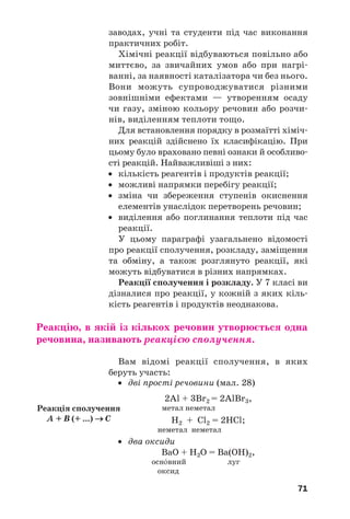 71
заводах, учні та студенти під час виконання
практичних робіт.
Хімічні реакції відбуваються повільно або
миттєво, за звичайних умов або при нагрі
ванні, за наявності каталізатора чи без нього.
Вони можуть супроводжуватися різними
зовнішніми ефектами — утворенням осаду
чи газу, зміною кольору речовин або розчи
нів, виділенням теплоти тощо.
Для встановлення порядку в розмаїтті хіміч
них реакцій здійснено їх класифікацію. При
цьому було враховано певні ознаки й особливо
сті реакцій. Найважливіші з них:
• кількість реагентів і продуктів реакції;
• можливі напрямки перебігу реакції;
• зміна чи збереження ступенів окиснення
елементів унаслідок перетворень речовин;
• виділення або поглинання теплоти під час
реакції.
У цьому параграфі узагальнено відомості
про реакції сполучення, розкладу, заміщення
та обміну, а також розглянуто реакції, які
можуть відбуватися в різних напрямках.
Реакції сполучення і розкладу. У 7 класі ви
дізналися про реакції, у кожній з яких кіль
кість реагентів і продуктів неоднакова.
Реакцію, в якій із кількох речовин утворюється одна
речовина, називають реакцією сполучення.
Вам відомі реакції сполучення, в яких
беруть участь:
• дві прості речовини (мал. 28)
2Al + 3Br2 = 2AlBr3,
метал неметал
H2 + Cl2 = 2HCl;
неметал неметал
• два оксиди
BaO + H2O = Ba(OH)2,
осн¼вний луг
оксид
Реакція сполучення
A + B (+ ...) → C
 