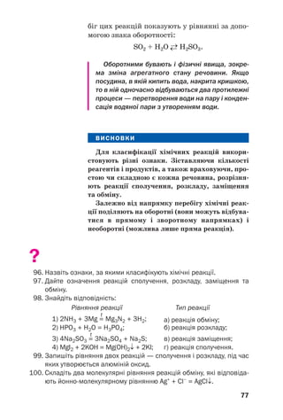77
біг цих реакцій показують у рівнянні за допо
могою знака оборотності:
SО2 + Н2О ←→ Н2SО3.
Оборотними бувають і фізичні явища, зокре
ма зміна агрегатного стану речовини. Якщо
посудина, в якій кипить вода, накрита кришкою,
то в ній одночасно відбуваються два протилежні
процеси — перетворення води на пару і конден
сація водяної пари з утворенням води.
ВИСНОВКИ
Для класифікації хімічних реакцій викори
стовують різні ознаки. Зіставляючи кількості
реагентів і продуктів, а також враховуючи, про
стою чи складною є кожна речовина, розрізня
ють реакції сполучення, розкладу, заміщення
та обміну.
Залежно від напрямку перебігу хімічні реак
ції поділяють на оборотні (вони можуть відбува
тися в прямому і зворотному напрямках) і
необоротні (можлива лише пряма реакція).
?
96. Назвіть ознаки, за якими класифікують хімічні реакції.
97. Дайте означення реакцій сполучення, розкладу, заміщення та
обміну.
98. Знайдіть відповідність:
Рівняння реакції Тип реакції
t
1) 2NH3 + 3Mg = Mg3N2 + 3H2; а) реакція обміну;
2) HPO3 + H2O = H3PO4; б) реакція розкладу;
t
3) 4Na2SO3 = 3Na2SO4 + Na2S; в) реакція заміщення;
4) MgI2 + 2KOH = Mg(OH)2↓ + 2KI; г) реакція сполучення.
99. Запишіть рівняння двох реакцій — сполучення і розкладу, під час
яких утворюється алюміній оксид.
100. Складіть два молекулярні рівняння реакцій обміну, які відповіда
ють йонно молекулярному рівнянню Ag+
+ Cl–
= AgCl↓.
 
