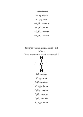 Радикалы (R)
−𝐶𝐻3 метил
−𝐶2𝐻5 этил
−𝐶3𝐻7 пропил
−𝐶4𝐻9 бутил
−𝐶5𝐻11 пентил
−𝐶6𝐻13 гексил
Гомологический ряд алканов (-ан)
CnH2n+2
Только одна одинарная углерод-углерод связь C-C
C𝐻4 - метан
С2𝐻6 - этан
С3𝐻8 - пропан
С4𝐻10 - бутан
С5𝐻12 - пентан
С6𝐻14 - гексан
С7𝐻16 - гептан
С8𝐻18 - октан
 
