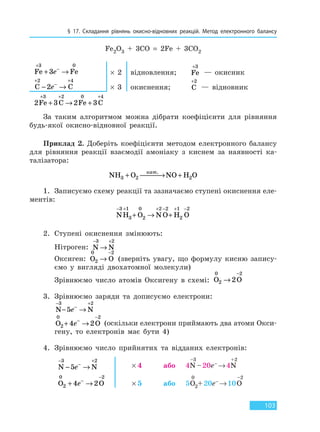 § 17. Складання рівнянь окисно-відновних реакцій. Метод електронного балансу
103
Fe2O3 + 3CO = 2Fe + 3CO2
Fe Fe
+
−
+ →
3 0
3e × 2 відновлення; Fe
+3
— окисник
C C
+
−
+
− →
2 4
2e × 3 окиснення; C
+2
— відновник
2 3 2 3
3 2 0 4
Fe C Fe C
+ + +
+ → +
За таким алгоритмом можна дібрати коефіцієнти для рівняння
будь-якої окисно-відновної реакції.
Приклад 2. Доберіть коефіцієнти методом електронного балансу
для рівняння реакції взаємодії амоніаку з киснем за наявності ка-
талізатора:
NH O NO H O3 2 2+  → +
кат.
1. Записуємо схему реакції та зазначаємо ступені окиснення еле-
ментів:
NH O NO H O
3 1 0 2 1 2− + + − + −
+ → +3 2
2
2
2. Ступені окиснення змінюють:
Нітроген: N N
− +
→
3 2
Оксиген: O O
0
2
2
→
−
(зверніть увагу, що формулу кисню запису-
ємо у вигляді двохатомної молекули)
Зрівнюємо число атомів Оксигену в схемі: O O
0
2
2
2→
−
3. Зрівнюємо заряди та дописуємо електрони:
N N
−
−
+
− →
3 2
5e
O O
0
2
2
4 2+ →−
−
e (оскільки електрони приймають два атоми Окси-
гену, то електронів має бути 4)
4. Зрівнюємо число прийнятих та відданих електронів:
N N
−
−
+
− →
3 2
5e × 4 або 4N
–3
–20e– →4N
+2
O O
0
2
2
4 2+ →−
−
e × 5 або 5O
0
2+20e– →10O
–2
Право для безоплатного розміщення підручника в мережі Інтернет має
Міністерство освіти і науки України http://mon.gov.ua/ та Інститут модернізації змісту освіти https://imzo.gov.ua
 