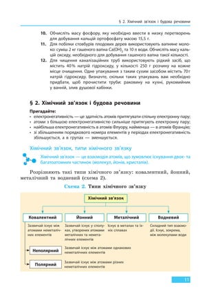 § 2. Хімічний зв’язок і будова речовини
11
10. Обчисліть масу фосфору, яку необхідно ввести в низку перетворень
для добування кальцій ортофосфату масою 15,5 г.
11. Для побілки стовбурів плодових дерев використовують вапняне моло-
ко: суміш 2 кг гашеного вапна Са(ОН)2 та 10 л води. Обчисліть масу каль-
цій оксиду, необхідного для добування гашеного вапна такої кількості.
12. Для чищення каналізаційних труб використовують рідкий засіб, що
містить 40% натрій гідроксиду, у кількості 250 г розчину на кожне
місце очищення. Одне упакування з таким сухим засобом містить 70г
натрій гідроксиду. Визначте, скільки таких упакувань вам необхідно
придбати, щоб прочистити труби: раковину на кухні, рукомийник
у ванній, злив душової кабінки.
§ 2. Хімічний зв’язок і будова речовини
Пригадайте:
• електронегативність — це здатність атомів притягувати спільну електронну пару;
• атоми з більшою електронегативністю сильніше притягують електронну пару;
• найбільша електронегативність в атомів Флуору, найменша — в атомів Францію;
• зі збільшенням порядкового номера елементів у періодах електронегативність
збільшується, а в групах — зменшується.
Хімічний зв’язок, типи хімічного зв’язку
Хімічний зв’язок — це взаємодія атомів, що зумовлює існування двох- та
багатоатомних частинок (молекул, йонів, кристалів).
Розрізняють такі типи хімічного зв’язку: ковалентний, йонний,
металічний та водневий (схема 2).
Схема 2. Типи хімічного зв’язку
Хімічний зв’язок
Ковалентний
Неполярний
Полярний
Йонний Металічний Водневий
Зазвичай існує між
атомами неметаліч-
них елементів
Зазвичай існує у сполу-
ках, утворених атомами
металічних та немета-
лічних елементів
Існує в металах та їх-
ніх сплавах
Складний тип взаємо-
дії. Існує, зокрема,
між молекулами води
Зазвичай існує між атомами однакових
неметалічних елементів
Зазвичай існує між атомами різних
неметалічних елементів
Право для безоплатного розміщення підручника в мережі Інтернет має
Міністерство освіти і науки України http://mon.gov.ua/ та Інститут модернізації змісту освіти https://imzo.gov.ua
 