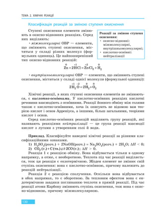 ТЕМА 2. ХІМІЧНІ РЕАКЦІЇ
130
Класифікація реакцій за зміною ступеня окиснення
Ступені окиснення елементи зміню-
ють в окисно-відновних реакціях. Серед
них виділяють:
•міжмолекулярні ОВР — елементи,
що змінюють ступені окиснення, міс-
тяться у складі різних молекул (фор-
мульних одиниць). Це найпоширеніший
тип окисно-відновних реакцій:
Zn HCl ZnCl H
0 1 2
2
0
22+ = +
+ +
•внутрішньомолекулярні ОВР — елементи, що змінюють ступені
окиснення, містяться у складі однієї молекули (формульної одиниці):
2 2
1
2
2 0
2
0
2H O H O
+ −
= +
Хімічні реакції, в яких ступені окиснення елементів не змінюють-
ся, є кислотно-основними. У кислотно-основних реакціях кислотні
речовини взаємодіють з основними. Реакції йонного обміну між солями
також є кислотно-основними, хоча їх описують не відомою вам тео-
рією кислот і основ Арреніуса, а іншими, більш загальними, теоріями
кислот і основ.
Серед кислотно-основних реакцій виділяють групу реакцій, які
називають реакціями нейтралізації — це група реакції взаємодії
кислот з лугами з утворенням солі й води.
Приклад. Класифікуйте наведені хімічні реакції за різними кла-
сифікаційними ознаками.
1) H2SO4(розч.) + 2NaOH(розч.) = Na2SO4(розч.) + 2H2O; ∆H < 0;
2) CO C CO2 2( ) ( ) ( )г. тв. г.+  ; ∆H > 0.
Реакція 1 є реакцією обміну. Вона відбувається тільки в одному
напрямку, а отже, є необоротною. Теплота під час реакції виділяєть-
ся, тож ця реакція є екзотермічною. Жоден елемент не змінює свій
ступінь окиснення: вона є кислотно-основною, причому належить до
реакцій нейтралізації.
Реакція 2 є реакцією сполучення. Оскільки вона відбувається
в обох напрямах, то є оборотною. За тепловим ефектом вона є ен-
дотермічною завдяки поглинанню теплоти в прямій реакції. Під час
реакції атоми Карбону змінюють ступінь окиснення, тож вона є окис-
но-відновною, причому міжмолекулярною.
Реакції за зміною ступеня
окиснення:
• окисно-відновні:
міжмолекулярні,
внутрішньомолекулярні;
• кислотно-основні:
нейтралізації
Право для безоплатного розміщення підручника в мережі Інтернет має
Міністерство освіти і науки України http://mon.gov.ua/ та Інститут модернізації змісту освіти https://imzo.gov.ua
 