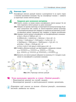 § 21. Класифікація хімічних реакцій
131
Ключова ідея
Класифікація хімічних реакцій полягає в розподіленні їх на групи згідно
з  певними важливими ознаками. Під час класифікації головне — виявити
ці характерні ознаки хімічної реакції.
Завдання для засвоєння матеріалу
244. Назвіть ознаки, за якими можна класифікувати хімічні реакції. На які
типи поділяють хімічні реакції за цими ознаками?
245. Наведіть по одному прикладу: а) ендотермічної реакції розкладу; б) ре-
акції сполучення між газами; в) окисно-відновної реакції розкладу;
г) екзотермічної реакції між твердою та газуватою речовинами; д) окис-
но-відновної реакції заміщення між твердою та рідкою речовинами.
246. Наведені хімічні реакції класифікуйте за класифікаційними ознаками:
а) N2(г.)+3H2(г.)N H NH2 2 33 2( ) ( ) ( )г. г. г.+  2NH3(г.); ∆H < 0;
б) 2KMnO4(тв.) = K2MnO4(тв.) + MnO2(тв.) + O2(г.); ∆H > 0;
в) Fe(тв.) + CuSO4(розч.) = FeSO4(розч.) + Cu(тв.); ∆H < 0;
г) NaOH(розч.) + HNO3(розч.) = NaNO3(розч.) + H2O; ∆H < 0;
д) H2O(р.) + SO3(р.) = H2SO4(р); ∆H < 0;
е) Cl2(г.)+H2OCl H O HCl HClO2 2( )г. розч. розч.+ + ( ) ( )HCl (розч.)+HClO (розч.); ∆H > 0.
247. Складіть рівняння реакцій, що відповідають наведеним схемам:
а) А
розкладання
Б
сполучення
В
заміщення
Г
обмін
Д;
б) А
заміщення
Б
сполучення
В
нейтралізація
Г
розкладання
Д.
248. Визначте, які хімічні реакції зображені на малюнку 21.1. Складіть їх рів-
няння та класифікуйте за різними ознаками.
HCl
CaCO3
HNO3
H2SO4
H2SO4
KNO3
CO2
H2
H2O
Zn
а б в г
4
Мал. 21.1. Приклади хімічних реакцій
Ca
Теми навчальних проектів за темою «Хімічні реакції»:
• Ендотермічні реакції на службі людині.
• Екзотермічні реакції в життєдіяльності живих організмів.
Перевірте свої знання за темою «Хімічні реакції», виконавши
тестові завдання на сайті.
Право для безоплатного розміщення підручника в мережі Інтернет має
Міністерство освіти і науки України http://mon.gov.ua/ та Інститут модернізації змісту освіти https://imzo.gov.ua
 