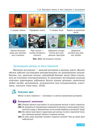 § 25. Властивості метану та його гомологів, їх  застосування
151
Мал. 25.6. Застосування алканів
У гасових лампах
Пропан-бутанова
суміш для автоном-
ного опалення
Парафінові свічки
Рідкі алкани —
основа моторного
пального
У газових печах
Добування холодо-
агентів для холо-
дильних пристроїв
Вазелін та вазелінове
масло
Добування
речовин для мий-
них засобів
Застосування метану та його гомологів
Насичені вуглеводні — важливі речовини в нашому житті. Великі
обсяги добутих вуглеводнів використовують як різноманітне пальне:
бензин, гас, дизельне пальне, авіаційний бензин, мазут (його спалю-
ють на теплових електростанціях). Із насичених вуглеводнів шляхом
хімічних перетворень добувають багато цінних речовин: синтетичні
мийні засоби, розчинники, холодоагенти для холодильників, пласт-
маси, каучуки тощо (мал. 25.6).
Ключова ідея
Метан та його гомологи — неполярні та хімічно малоактивні речовини.
Контрольні запитання
281. Опишіть фізичні властивості й застосування метану та його гомологів.
282. Як змінюються температури плавлення й кипіння у членів одного гомо-
логічного ряду зі збільшенням числа атомів Карбону в молекулі? Чому?
283. Які хімічні властивості характерні для метану та його гомологів? Скла-
діть рівняння реакції повного згоряння метану.
284. За яких умов можливе неповне згоряння алканів? Чим це може бути
небезпечно?
Право для безоплатного розміщення підручника в мережі Інтернет має
Міністерство освіти і науки України http://mon.gov.ua/ та Інститут модернізації змісту освіти https://imzo.gov.ua
 
