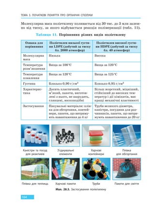 ТЕМА 3. ПОЧАТКОВІ ПОНЯТТЯ ПРО  ОРГАНІЧНІ СПОЛУКИ
164
Молекулярна маса поліетилену коливається від 30 тис. до 3 млн залеж-
но від тиску, за якого відбувається реакція полімеризації (табл. 11).
Таблиця 11. Порівняння різних видів поліетилену
Ознака для
порівняння
Поліетилен низької густи-
ни LDPE (добутий за тиску
бл. 2000 атмосфер)
Поліетилен високої густи-
ни HDPE (добутий за тиску
бл. 40 атмосфер)
Молекулярна
маса
Низька Висока
Температура
розм’якшення
Вища за 100°С Вища за 120°С
Температура
плавлення
Вища за 120°С Вища за 125°С
Густина Близько 0,90 г/см3 Близько 0,95 г/см3
Характерис-
тика
Досить пластичний,
м’який, пакети, виготов-
лені з нього, не шарудять,
глянцеві, воскоподібні
Більш жорсткий, міцніший,
стійкіший до високих тем-
ператур і дії хімікатів, має
кращі механічні властивості
Застосування Пакувальні матеріали: плів-
ка для обгортання, контей-
нери, пакети, що витриму-
ють навантаження до 4 кг
Труби великого діаметра,
каністри, посудини для роз-
чинників, пакети, що витри-
мують навантаження до 20 кг
Каністри та посуд
для реактивів
Плівка для теплиць
З’єднувальні
елементи
Харчові пакети
Харчові
контейнери
Труби
Плівка
для обгортання
Пакети для сміття
Мал. 28.3. Застосування поліетилену
Право для безоплатного розміщення підручника в мережі Інтернет має
Міністерство освіти і науки України http://mon.gov.ua/ та Інститут модернізації змісту освіти https://imzo.gov.ua
 