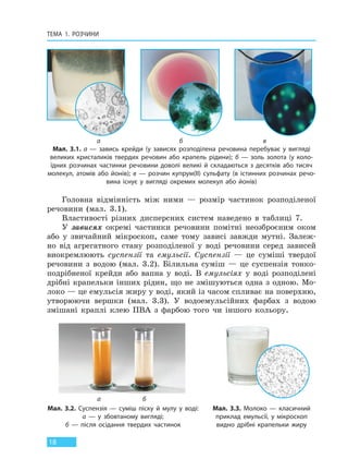 ТЕМА 1. РОЗЧИНИ
18
Головна відмінність між ними — розмір частинок розподіленої
речовини (мал. 3.1).
Властивості різних дисперсних систем наведено в таблиці 7.
У зависях окремі частинки речовини помітні неозброєним оком
або у звичайний мікроскоп, саме тому зависі завжди мутні. Залеж-
но від агрегатного стану розподіленої у воді речовини серед зависей
виокремлюють суспензії та емульсії. Суспензії — це суміші твердої
речовини з водою (мал. 3.2). Білильна суміш — це суспензія тонко-
подрібненої крейди або вапна у воді. В емульсіях у воді розподілені
дрібні крапельки інших рідин, що не змішуються одна з одною. Мо-
локо — це емульсія жиру у воді, який із часом спливає на поверхню,
утворюючи вершки (мал. 3.3). У водоемульсійних фарбах з водою
змішані краплі клею ПВА з фарбою того чи іншого кольору.
а б в
Мал. 3.1. а — завись крейди (у зависях розподілена речовина перебуває у вигляді
великих кристаликів твердих речовин або крапель рідини); б — золь золота (у коло-
їдних розчинах частинки речовини доволі великі й складаються з десятків або тисяч
молекул, атомів або йонів); в — розчин купрум(II) сульфату (в істинних розчинах речо-
вина існує у вигляді окремих молекул або йонів)
Мал. 3.3. Молоко — класичний
приклад емульсії, у мікроскоп
видно дрібні крапельки жиру
Мал. 3.2. Суспензія — суміш піску й мулу у  воді:
а — у збовтаному вигляді;
б — після осідання твердих частинок
а б
Право для безоплатного розміщення підручника в мережі Інтернет має
Міністерство освіти і науки України http://mon.gov.ua/ та Інститут модернізації змісту освіти https://imzo.gov.ua
 