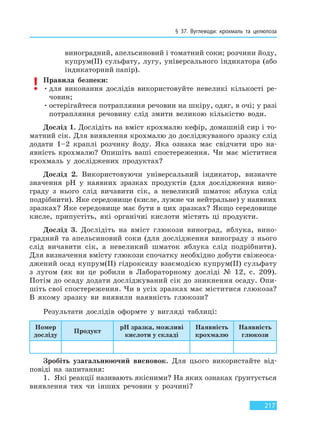 § 37. Вуглеводи: крохмаль та целюлоза
217
виноградний, апельсиновий і томатний соки; розчини йоду,
купрум(II) сульфату, лугу, універсального індикатора (або
індикаторний папір).
Правила безпеки:
•для виконання дослідів використовуйте невеликі кількості ре-
човин;
•остерігайтеся потрапляння речовин на шкіру, одяг, в очі; у разі
потрапляння речовину слід змити великою кількістю води.
Дослід 1. Дослідіть на вміст крохмалю кефір, домашній сир і то-
матний сік. Для виявлення крохмалю до досліджуваного зразку слід
додати 1–2 краплі розчину йоду. Яка ознака має свідчити про на-
явність крохмалю? Опишіть ваші спостереження. Чи має міститися
крохмаль у досліджених продуктах?
Дослід 2. Використовуючи універсальний індикатор, визначте
значення pH у наявних зразках продуктів (для дослідження вино-
граду з нього слід вичавити сік, а невеликий шматок яблука слід
подрібнити). Яке середовище (кисле, лужне чи нейтральне) у наявних
зразках? Яке середовище має бути в цих зразках? Якщо середовище
кисле, припустіть, які органічні кислоти містять ці продукти.
Дослід 3. Дослідіть на вміст глюкози виноград, яблука, вино-
градний та апельсиновий соки (для дослідження винограду з нього
слід вичавити сік, а невеликий шматок яблука слід подрібнити).
Для визначення вмісту глюкози спочатку необхідно добути свіжеоса-
джений осад купрум(II) гідроксиду взаємодією купрум(II) сульфату
з лугом (як ви це робили в Лабораторному досліді № 12, с. 209).
Потім до осаду додати досліджуваний сік до зникнення осаду. Опи-
шіть свої спостереження. Чи в усіх зразках має міститися глюкоза?
В якому зразку ви виявили наявність глюкози?
Результати дослідів оформте у вигляді таблиці:
Номер
досліду
Продукт
pH зразка, можливі
кислоти у складі
Наявність
крохмалю
Наявність
глюкози
Зробіть узагальнюючий висновок. Для цього використайте від-
повіді на запитання:
1. Які реакції називають якісними? На яких ознаках ґрунтується
виявлення тих чи інших речовин у розчині?
Право для безоплатного розміщення підручника в мережі Інтернет має
Міністерство освіти і науки України http://mon.gov.ua/ та Інститут модернізації змісту освіти https://imzo.gov.ua
 