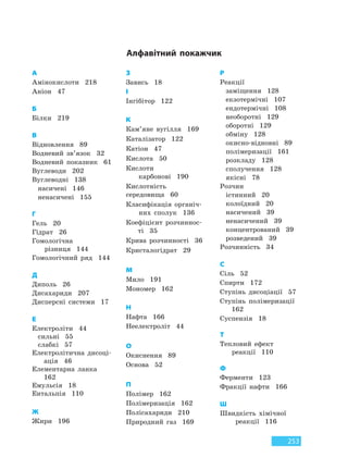 253
Алфавітний покажчик
А
Амінокислоти 218
Аніон 47
Б
Білки 219
В
Відновлення 89
Водневий зв’язок 32
Водневий показник 61
Вуглеводи 202
Вуглеводні 138
насичені 146
ненасичені 155
Г
Гель 20
Гідрат 26
Гомологічна
різниця 144
Гомологічний ряд 144
Д
Диполь 26
Дисахариди 207
Дисперсні системи 17
Е
Електроліти 44
сильні 55
слабкі 57
Електролітична дисоці-
ація 46
Елементарна ланка
162
Емульсія 18
Ентальпія 110
Ж
Жири 196
Р
Реакції
заміщення 128
екзотермічні 107
ендотермічні 108
необоротні 129
оборотні 129
обміну 128
окисно-відновні 89
полімеризації 161
розкладу 128
сполучення 128
якісні 78
Розчин
істинний 20
колоїдний 20
насичений 39
ненасичений 39
концентрований 39
розведений 39
Розчинність 34
С
Сіль 52
Спирти 172
Ступінь дисоціації 57
Ступінь полімеризації
162
Суспензія 18
Т
Тепловий ефект
реакції 110
Ф
Ферменти 123
Фракції нафти 166
Ш
Швидкість хімічної
реакції 116
З
Завись 18
І
Інгібітор 122
К
Кам’яне вугілля 169
Каталізатор 122
Катіон 47
Кислота 50
Кислоти
карбонові 190
Кислотність
середовища 60
Класифікація органіч-
них сполук 136
Коефіцієнт розчиннос-
ті 35
Крива розчинності 36
Кристалогідрат 29
М
Мило 191
Мономер 162
Н
Нафта 166
Неелектроліт 44
О
Окиснення 89
Основа 52
П
Полімер 162
Полімеризація 162
Полісахариди 210
Природний газ 169
Право для безоплатного розміщення підручника в мережі Інтернет має
Міністерство освіти і науки України http://mon.gov.ua/ та Інститут модернізації змісту освіти https://imzo.gov.ua
 
