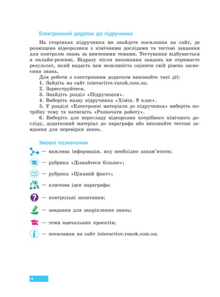 4
Електронний додаток до підручника
На сторінках підручника ви знайдете посилання на сайт, де
розміщено відеоролики з хімічними дослідами та тестові завдання
для контролю знань за вивченими темами. Тестування відбувається
в онлайн-режимі. Відразу після виконання завдань ви отримаєте
результат, який надасть вам можливість оцінити свій рівень засво-
єння знань.
Для роботи з електронним додатком виконайте такі дії:
1. Зайдіть на сайт interactive.ranok.com.ua.
2. Зареєструйтеся.
3. Знайдіть розділ «Підручники».
4. Виберіть назву підручника «Хімія. 9 клас».
5. У розділі «Електронні матеріали до підручника» виберіть по-
трібну тему та натисніть «Розпочати роботу».
6. Виберіть для перегляду відеоролик потрібного хімічного до-
сліду, додатковий матеріал до параграфа або виконайте тестові за-
вдання для перевірки знань.
Умовні позначення
— важлива інформація, яку необхідно запам’ятати;
— рубрика «Дізнайтеся більше»;
— рубрика «Цікавий факт»;
— ключова ідея параграфа;
— контрольні запитання;
— завдання для закріплення знань;
— теми навчальних проектів;
— посилання на cайт interactive.ranok.com.ua.
Право для безоплатного розміщення підручника в мережі Інтернет має
Міністерство освіти і науки України http://mon.gov.ua/ та Інститут модернізації змісту освіти https://imzo.gov.ua
 