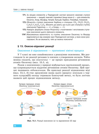 ТЕМА 2. ХІМІЧНІ РЕАКЦІЇ
88
171. За місцем елементів у Періодичній системі визначте можливі ступені
окиснення — вищий, нижчий і проміжні (якщо вони є) — для елементів:
Оксиген, Хлор, Фосфор, Натрій, Кальцій, Карбон, Плюмбум, Алюміній.
172. Обчисліть ступені окиснення Карбону в сполуках: CH4, CH3Cl, CH2Cl2,
C2H5Cl, C2H2Cl4, С2Cl6. (Візьміть до уваги, що в усіх цих сполуках ступінь
окиснення Гідрогену — +1, а Хлору — –1.)
173. Наведіть формули сполук Нітрогену з позитивним і негативним ступе-
нем окиснення цього хімічного елемента.
174*. Максимальна валентність та ступінь окиснення Оксигену та Флуору
відрізняються від номерів груп Періодичної системи, у яких вони роз-
ташовані. Як ви вважаєте, чим це можна пояснити?
§ 15. Окисно-відновні реакції
Окиснення й відновлення — протилежні хімічні процеси
У 7 класі ви вже ознайомилися з реакціями окиснення. Ми роз-
глядали їх як реакції речовин із киснем з утворенням оксидів. Тобто
можна сказати, що окиснення — це процес приєднання речовиною
атомів Оксигену (мал. 15.1, а).
Разом з окисненням у природі відбувається протилежний процес,
що супроводжується віддачею речовиною атомів Оксигену. Цей про-
цес називають відновленням. На прикладі реакції відновлення міді
(мал. 15.1, б) стає зрозумілою назва цього процесу: оскільки з чор-
ного купрум(II) оксиду отримали блискучий метал, то було логічно
назвати цей процес відновленням металу.
Мал. 15.1. Реакції окиснення (а) та відновлення (б) міді
а б
Купрум приєднує атоми
Оксигену (окиснюється)
Cu Cu→+ OO O
Купрум віддає атоми
Оксигену (відновлюється)
Гідроген приєднує атоми
Оксигену (окиснюється)
CuCu → ++ H
H H
OO
H
Cu
O2
CuO
H2
H2O
Право для безоплатного розміщення підручника в мережі Інтернет має
Міністерство освіти і науки України http://mon.gov.ua/ та Інститут модернізації змісту освіти https://imzo.gov.ua
 