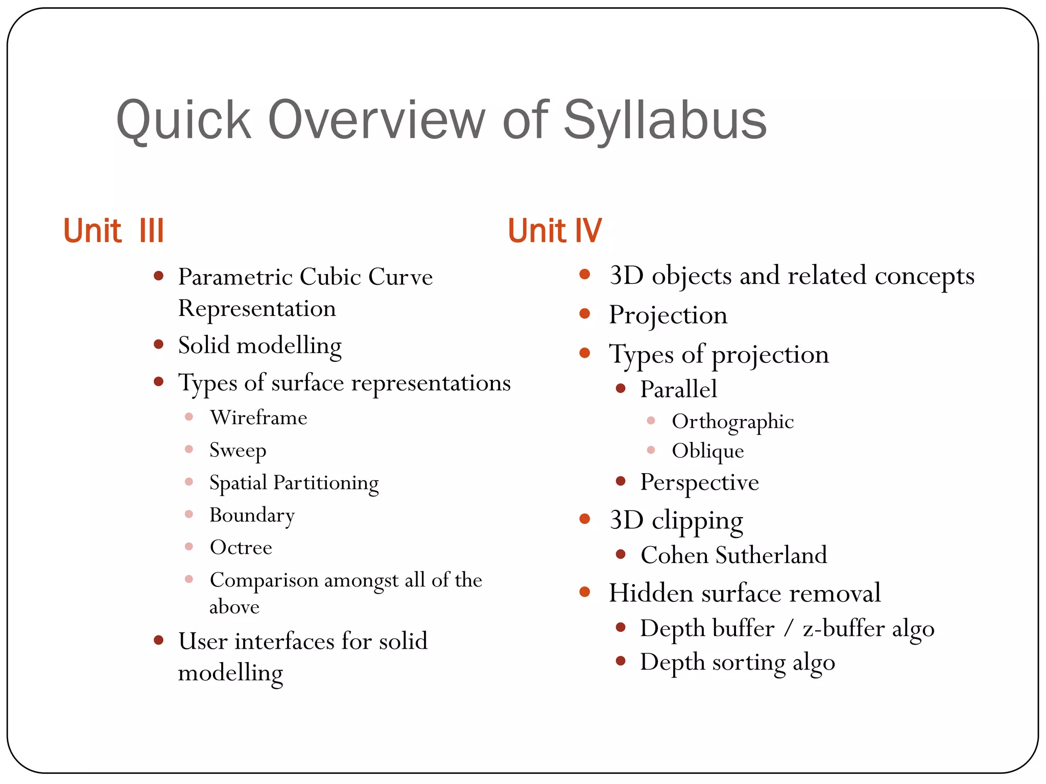Quick Overview of Syllabus
Unit III Unit IV
 Parametric Cubic Curve
Representation
 Solid modelling
 Types of surface representations
 Wireframe
 Sweep
 Spatial Partitioning
 Boundary
 Octree
 Comparison amongst all of the
above
 User interfaces for solid
modelling
 3D objects and related concepts
 Projection
 Types of projection
 Parallel
 Orthographic
 Oblique
 Perspective
 3D clipping
 Cohen Sutherland
 Hidden surface removal
 Depth buffer / z-buffer algo
 Depth sorting algo
 