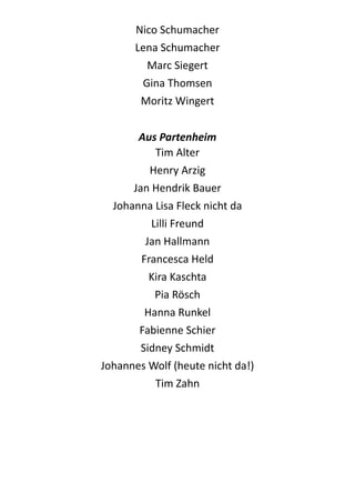 Nico  Schumacher  
Lena  Schumacher  
Marc  Siegert  
Gina  Thomsen  
Moritz  Wingert  
!
Aus	
  Partenheim	
  
Tim  Alter  
Henry  Arzig  
Jan  Hendrik  Bauer  
Johanna  Lisa  Fleck  nicht  da  
Lilli  Freund  
Jan  Hallmann  
Francesca  Held  
Kira  Kaschta  
Pia  Rösch  
Hanna  Runkel  
Fabienne  Schier  
Sidney  Schmidt  
Johannes  Wolf  (heute  nicht  da!)  
Tim  Zahn  
!
 