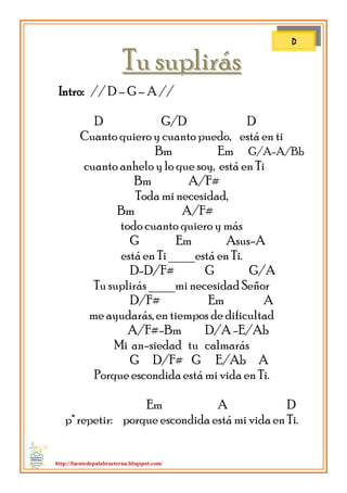 http://fuentedepalabraeterna.blogspot.com/ 
TTuu ssuupplliirrááss 
Intro: // D – G – A // D G/D D Cuanto quiero y cuanto puedo, está en ti Bm Em G/A-A/Bb cuanto anhelo y lo que soy, está en Ti Bm A/F# Toda mi necesidad, Bm A/F# todo cuanto quiero y más G Em Asus-A está en Ti ____está en Ti. D-D/F# G G/A Tu suplirás ____mi necesidad Señor D/F# Em A me ayudarás, en tiempos de dificultad A/F#-Bm D/A -E/Ab Mi an-siedad tu calmarás G D/F# G E/Ab A Porque escondida está mi vida en Ti. Em A D p* repetir: porque escondida está mi vida en Ti. 
D  