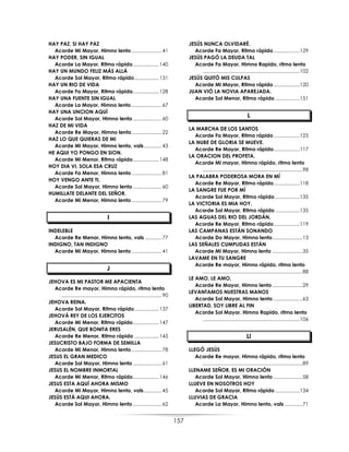 157
HAY PAZ, SI HAY PAZ
Acorde Mi Mayor, Himno lento......................41
HAY PODER, SIN IGUAL
Acorde La Mayor, Ritmo rápido...................140
HAY UN MUNDO FELIZ MÁS ALLÁ
Acorde Sol Mayor, Ritmo rápido..................131
HAY UN RIO DE VIDA
Acorde Fa Mayor, Ritmo rápido...................128
HAY UNA FUENTE SIN IGUAL
Acorde La Mayor, Himno lento ......................67
HAY UNA UNCION AQUÍ
Acorde Sol Mayor, Himno lento.....................60
HAZ DE MI VIDA
Acorde Re Mayor, Himno lento......................22
HAZ LO QUE QUIERAS DE MI
Acorde Mi Mayor, Himno lento, vals.............43
HE AQUI YO PONGO EN SION.
Acorde Mi Menor, Ritmo rápido...................148
HOY DIA VI, SOLA ESA CRUZ
Acorde Fa Menor, Himno lento......................81
HOY VENGO ANTE TI,
Acorde Sol Mayor, Himno lento.....................60
HUMILLATE DELANTE DEL SEÑOR.
Acorde Mi Menor, Himno lento......................79
I
INDELEBLE
Acorde Re Menor, Himno lento, vals ............77
INDIGNO, TAN INDIGNO
Acorde Mi Mayor, Himno lento......................41
J
JEHOVA ES MI PASTOR ME APACIENTA
Acorde Re mayor, Himno rápido, ritmo lento
.........................................................................90
JEHOVA REINA.
Acorde Sol Mayor, Ritmo rápido..................137
JEHOVÁ REY DE LOS EJERCITOS
Acorde Mi Menor, Ritmo rápido...................147
JERUSALÉN, QUE BONITA ERES
Acorde Re Menor, Ritmo rápido ..................145
JESUCRISTO BAJO FORMA DE SEMILLA
Acorde Mi Menor, Himno lento......................78
JESUS EL GRAN MEDICO
Acorde Sol Mayor, Himno lento.....................61
JESUS EL NOMBRE INMORTAL
Acorde Mi Menor, Ritmo rápido...................146
JESUS ESTA AQUÍ AHORA MISMO
Acorde Mi Mayor, Himno lento, vals.............45
JESÚS ESTÁ AQUI AHORA.
Acorde Sol Mayor, Himno lento.....................62
JESÚS NUNCA OLVIDARÉ.
Acorde Fa Mayor, Ritmo rápido ...................129
JESÚS PAGÓ LA DEUDA TAL
Acorde Fa Mayor, Himno Rapido, ritmo lento
.......................................................................102
JESÚS QUITÓ MIS CULPAS
Acorde Mi Mayor, Ritmo rápido ...................120
JUAN VIÓ LA NOVIA APAREJADA.
Acorde Sol Menor, Ritmo rápido ..................151
L
LA MARCHA DE LOS SANTOS
Acorde Fa Mayor, Ritmo rápido ...................125
LA NUBE DE GLORIA SE MUEVE.
Acorde Re Mayor, Ritmo rápido...................117
LA ORACION DEL PROFETA.
Acorde Mi mayor, Himno rápido, ritmo lento
.........................................................................98
LA PALABRA PODEROSA MORA EN MÍ
Acorde Re Mayor, Ritmo rápido...................118
LA SANGRE FUE POR MÍ
Acorde Sol Mayor, Ritmo rápido ..................135
LA VICTORIA ES MIA HOY.
Acorde Sol Mayor, Ritmo rápido ..................135
LAS AGUAS DEL RIO DEL JORDÁN.
Acorde Re Mayor, Ritmo rápido...................119
LAS CAMPANAS ESTÁN SONANDO
Acorde Do Mayor, Himno lento......................13
LAS SEÑALES CUMPLIDAS ESTÁN
Acorde Mi Mayor, Himno lento ......................35
LAVAME EN TU SANGRE
Acorde Re mayor, Himno rápido, ritmo lento
.........................................................................88
LE AMO, LE AMO,
Acorde Re Mayor, Himno lento ......................29
LEVANTAMOS NUESTRAS MANOS
Acorde Sol Mayor, Himno lento .....................63
LIBERTAD, SOY LIBRE AL FIN
Acorde Sol Mayor, Himno Rapido, ritmo lento
.......................................................................106
Ll
LLEGÓ JESÚS
Acorde Re mayor, Himno rápido, ritmo lento
.........................................................................89
LLENAME SEÑOR, ES MI ORACIÓN
Acorde Sol Mayor, Himno lento .....................58
LLUEVE EN NOSOTROS HOY
Acorde Sol Mayor, Ritmo rápido ..................134
LLUVIAS DE GRACIA
Acorde La Mayor, Himno lento, vals .............71
 