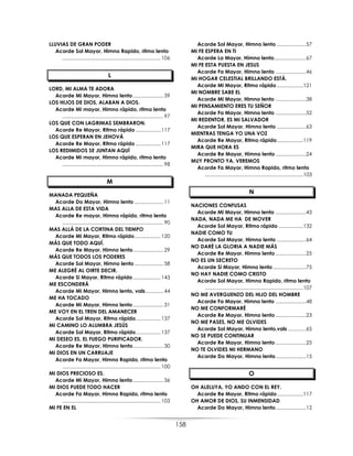 158
LLUVIAS DE GRAN PODER
Acorde Sol Mayor, Himno Rapido, ritmo lento
.......................................................................106
L
LORD, MI ALMA TE ADORA
Acorde Mi Mayor, Himno lento......................39
LOS HIJOS DE DIOS, ALABAN A DIOS.
Acorde Mi mayor, Himno rápido, ritmo lento
.........................................................................97
LOS QUE CON LAGRIMAS SEMBRARON.
Acorde Re Mayor, Ritmo rápido ..................117
LOS QUE ESPERAN EN JEHOVÁ
Acorde Re Mayor, Ritmo rápido ..................117
LOS REDIMIDOS SE JUNTAN AQUÍ
Acorde Mi mayor, Himno rápido, ritmo lento
.........................................................................98
M
MANADA PEQUEÑA
Acorde Do Mayor, Himno lento .....................11
MAS ALLA DE ESTA VIDA
Acorde Re mayor, Himno rápido, ritmo lento
.........................................................................90
MAS ALLÁ DE LA CORTINA DEL TIEMPO
Acorde Mi Mayor, Ritmo rápido...................120
MÁS QUE TODO AQUÍ.
Acorde Re Mayor, Himno lento......................29
MÁS QUE TODOS LOS PODERES
Acorde Sol Mayor, Himno lento.....................58
ME ALEGRÉ AL OIRTE DECIR.
Acorde Si Mayor, Ritmo rápido....................143
ME ESCONDERÁ
Acorde Mi Mayor, Himno lento, vals.............44
ME HA TOCADO
Acorde Mi Mayor, Himno lento......................31
ME VOY EN EL TREN DEL AMANECER
Acorde Sol Mayor, Ritmo rápido..................137
MI CAMINO LO ALUMBRA JESÚS
Acorde Sol Mayor, Ritmo rápido..................137
MI DESEO ES, EL FUEGO PURIFICADOR.
Acorde Re Mayor, Himno lento......................30
MI DIOS EN UN CARRUAJE
Acorde Fa Mayor, Himno Rapido, ritmo lento
.......................................................................100
MI DIOS PRECIOSO ES.
Acorde Mi Mayor, Himno lento......................36
MI DIOS PUEDE TODO HACER
Acorde Fa Mayor, Himno Rapido, ritmo lento
.......................................................................103
MI FE EN EL
Acorde Sol Mayor, Himno lento .....................57
MI FE ESPERA EN TI
Acorde La Mayor, Himno lento.......................67
MI FE ESTA PUESTA EN JESUS
Acorde Fa Mayor, Himno lento ......................46
MI HOGAR CELESTIAL BRILLANDO ESTÁ.
Acorde Mi Mayor, Ritmo rápido ...................121
MI NOMBRE SABE EL
Acorde Mi Mayor, Himno lento ......................38
MI PENSAMIENTO ERES TU SEÑOR
Acorde Fa Mayor, Himno lento ......................52
MI REDENTOR, ES MI SALVADOR
Acorde Sol Mayor, Himno lento .....................63
MIENTRAS TENGA YO UNA VOZ
Acorde Re Mayor, Ritmo rápido...................119
MIRA QUE HORA ES
Acorde Re Mayor, Himno lento ......................24
MUY PRONTO YA, VEREMOS
Acorde Fa Mayor, Himno Rapido, ritmo lento
.......................................................................103
N
NACIONES CONFUSAS
Acorde Mi Mayor, Himno lento ......................43
NADA, NADA ME HA DE MOVER
Acorde Sol Mayor, Ritmo rápido ..................132
NADIE COMO TU
Acorde Sol Mayor, Himno lento .....................64
NO DARÉ LA GLORIA A NADIE MÁS
Acorde Re Mayor, Himno lento ......................25
NO ES UN SECRETO
Acorde Si Mayor, Himno lento........................75
NO HAY NADIE COMO CRISTO
Acorde Sol Mayor, Himno Rapido, ritmo lento
.......................................................................107
NO ME AVERGUENZO DEL HIJO DEL HOMBRE
Acorde Fa Mayor, Himno lento ......................48
NO ME CONFORMARÉ
Acorde Re Mayor, Himno lento ......................23
NO ME PASES, NO ME OLVIDES
Acorde Sol Mayor, Himno lento,vals .............65
NO SE PUEDE CONTINUAR
Acorde Re Mayor, Himno lento ......................25
NO TE OLVIDES MI HERMANO
Acorde Do Mayor, Himno lento......................15
O
OH ALELUYA, YO ANDO CON EL REY.
Acorde Re Mayor, Ritmo rápido...................117
OH AMOR DE DIOS, SU INMENSIDAD
Acorde Do Mayor, Himno lento......................12
 