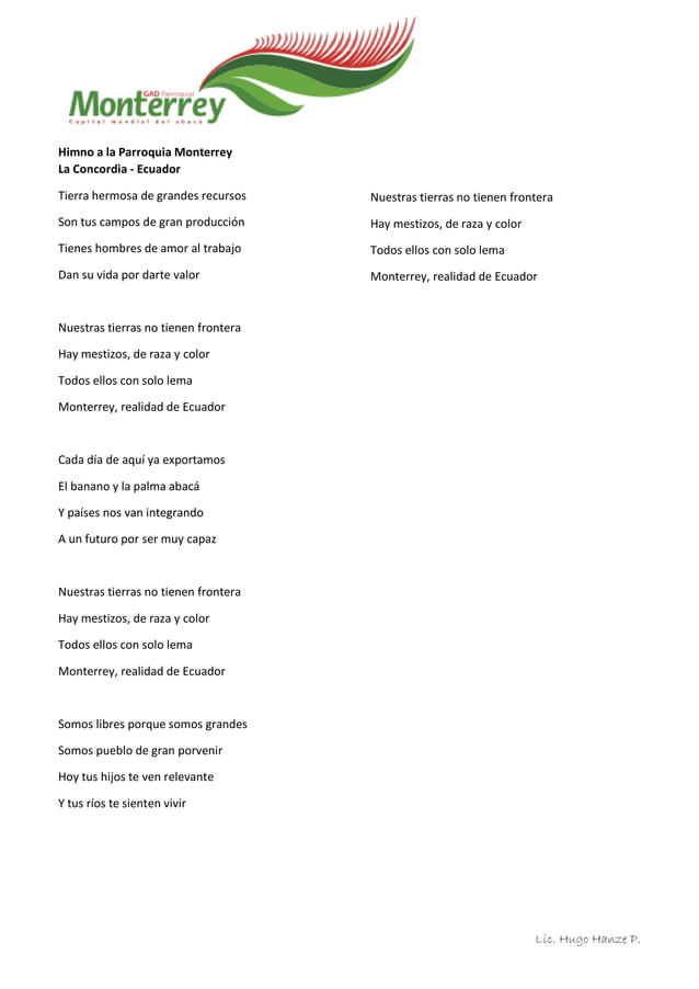 Himno a la parroquia Monterrey, La Concordia, Ecuador PDF Himno a la parroquia Monterrey, La Concordia, Ecuador PDF