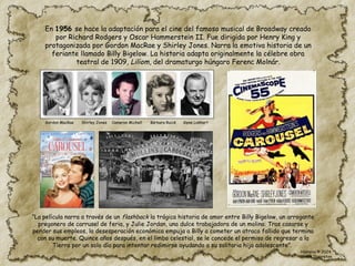En 1956 se hace la adaptación para el cine del famoso musical de Broadway creado
por Richard Rodgers y Oscar Hammerstein II. Fue dirigida por Henry King y
protagonizada por Gordon MacRae y Shirley Jones. Narra la emotiva historia de un
feriante llamado Billy Bigelow. La historia adapta originalmente la célebre obra
teatral de 1909, Liliom, del dramaturgo húngaro Ferenc Molnár.
Gordon MacRae Shirley Jones Cameron Michell Bárbara Ruick Gene Lokhart
“La película narra a través de un flashback la trágica historia de amor entre Billy Bigelow, un arrogante
pregonero de carrusel de feria, y Julie Jordan, una dulce trabajadora de un molino. Tras casarse y
perder sus empleos, la desesperación económica empuja a Billy a cometer un atraco fallido que termina
con su muerte. Quince años después, en el limbo celestial, se le concede el permiso de regresar a la
Tierra por un solo día para intentar redimirse ayudando a su solitaria hija adolescente”.
Historia © 2024
Simon Ibarretxe
 