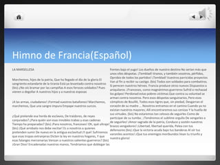 Himno de Francia(Español)
LA MARSELLESA                                                           frentes bajo el yugo! Los dueños de nuestro destino No serían más que
                                                                        unos viles déspotas. ¡Temblad! tiranos, y también vosotros, pérfidos,
                                                                        Oprobio de todos los partidos! ¡Temblad! Vuestros parricidas proyectos
Marchemos, hijos de la patria, Que ha llegado el día de la gloria El
                                                                        Van al fin a recibir su castigo. (bis) Todos son soldados para combatiros.
sangriento estandarte de la tiranía Está ya levantado contra nosotros
                                                                        Si perecen nuestros héroes. Francia produce otros nuevos Dispuestos a
(bis) ¿No oís bramar por las campiñas A esos feroces soldados? Pues
                                                                        aniquilaros. ¡Franceses, como magnánimos guerreros Sufrid o rechazad
vienen a degollar A nuestros hijos y a nuestras esposas
                                                                        los golpes! Perdonad estas pobres víctimas Que contra su voluntad se
                                                                        arman contra nosotros. Pero esos déspotas sanguinarios, Pero esos
¡A las armas, ciudadanos! ¡Formad vuestros batallones! Marchemos, cómplices de Bouillé, Todos esos tigres que, sin piedad, Desgarran el
marchemos, Que una sangre impura Empape nuestros surcos.                corazón de su madre ... Nosotros entramos en el camino Cuando ya no
                                                                        existan nuestros mayores; Allí encontraremos sus cenizas Y la huella de
                                                                        sus virtudes. (bis) No estaremos tan celosos de seguirles Como de
¿Qué pretende esa horda de esclavos, De traidores, de reyes
                                                                        participar de su tumba ; ¡Tendremos el sublime orgullo De vengarles o
conjurados? ¿Para quién son esas innobles trabas y esas cadenas
                                                                        de seguirles! ¡Amor sagrado de la patria, Conduce y sostén nuestros
Tiempo ha preparadas? (bis) ¡Para nosotros, franceses! Oh, qué ultraje!
                                                                        brazos vengadores! ¡Libertad, libertad querida, Pelea con tus
(bis) ¡Qué arrebato nos debe excitar! Es a nosotros a quienes
                                                                        defensores (bis) ¡Que la victoria acuda bajo tus banderas Al oír tus
pretenden sumir De nuevo en la antigua esclavitud ¡Y qué! Sufriremos
                                                                        varoniles acentos! ¡Que tus enemigos moribundos Vean tu triunfo y
que esas tropas extranjeras Dicten la ley en nuestros hogares, Y que
                                                                        nuestra gloria!
esas falanges mercenarias Venzan a nuestros valientes guerreros? (bis)
¡Gran Dios! Encadenadas nuestras manos, Tendríamos que doblegar las
 
