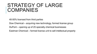 STRATEGY OF LARGE
COMPANIES
40-50% licensed from third parties
Dow Chemical – acquiring new technology, formed license group
DuPont – opening up of 25 specialty chemical businesses
Eastman Chemical – formed license unit to sell intellectual property

 