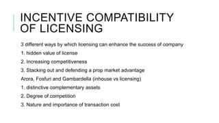 INCENTIVE COMPATIBILITY
OF LICENSING
3 different ways by which licensing can enhance the success of company
1. hidden value of license
2. Increasing competitiveness
3. Stacking out and defending a prop market advantage
Arora, Fosfuri and Gambardella (inhouse vs licensing)
1. distinctive complementary assets
2. Degree of competition
3. Nature and importance of transaction cost

 
