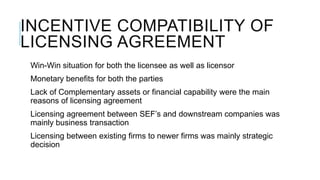 INCENTIVE COMPATIBILITY OF
LICENSING AGREEMENT
Win-Win situation for both the licensee as well as licensor
Monetary benefits for both the parties
Lack of Complementary assets or financial capability were the main
reasons of licensing agreement
Licensing agreement between SEF’s and downstream companies was
mainly business transaction
Licensing between existing firms to newer firms was mainly strategic
decision

 