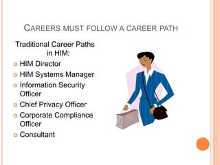 CAREERS MUST FOLLOW A CAREER PATH
Traditional Career Paths
in HIM:
 HIM Director
 HIM Systems Manager
 Information Security
Officer
 Chief Privacy Officer
 Corporate Compliance
Officer
 Consultant

 