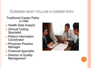 CAREERS MUST FOLLOW A CAREER PATH
Traditional Career Paths
in HIM:
 Health Data Analyst
 Clinical Coding
Specialist
 Patient Information
Coordinator
 Physician Practice
Manager
 Financial Specialist
 Director of Quality
Management

 