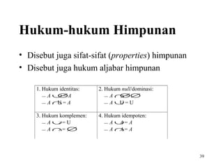 Hukum-hukum Himpunan
• Disebut juga sifat-sifat (properties) himpunan
• Disebut juga hukum aljabar himpunan
1. Hukum identitas:
− A ∪ = A
∅
U
− A ∩= A

2. Hukum null/dominasi:
− A ∩ = ∅
∅
U
− A ∪= U

3. Hukum komplemen:
− A ∪= U
A
− A ∩= ∅
A

4. Hukum idempoten:
A
− A ∪= A
A
− A ∩= A

39

 
