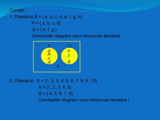 Contoh :
1. Diketahui S = { a, b, c, d, e, f, g, h}
P = { a, b, c, d}
Q = { e, f, g }
Gambarlah diagram venn himpunan tersebut
2. Diketahui : S = {1, 2, 3, 4, 5, 6, 7, 8, 9, 10}
A = {1, 2, 3, 4, 5}
B = { 4, 5, 6, 7, 8}
Gambarlah diagram venn himpunan tersebut !
S P Q
.a
.b
.c
.d
.e
.f
.g
.h
 