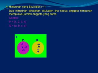 4. Himpunan yang Ekuivalen (~)
Dua himpunan dikatakan ekuivalen jika kedua anggota himpunan
mempunyai jumlah anggota yang sama.
Contoh :
P = {1, 2, 3, 4}
Q = {a, b, c, d}
S
.1
.2.3
.4
.a
.b
.c
.d
P Q
 
