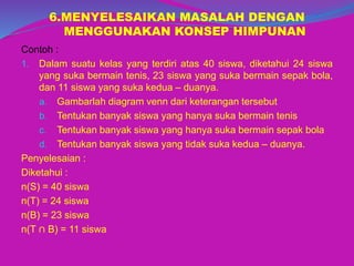 6.MENYELESAIKAN MASALAH DENGAN
MENGGUNAKAN KONSEP HIMPUNAN
Contoh :
1. Dalam suatu kelas yang terdiri atas 40 siswa, diketahui 24 siswa
yang suka bermain tenis, 23 siswa yang suka bermain sepak bola,
dan 11 siswa yang suka kedua – duanya.
a. Gambarlah diagram venn dari keterangan tersebut
b. Tentukan banyak siswa yang hanya suka bermain tenis
c. Tentukan banyak siswa yang hanya suka bermain sepak bola
d. Tentukan banyak siswa yang tidak suka kedua – duanya.
Penyelesaian :
Diketahui :
n(S) = 40 siswa
n(T) = 24 siswa
n(B) = 23 siswa
n(T ∩ B) = 11 siswa
 