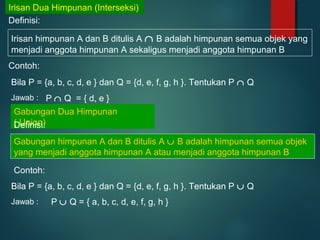 Irisan Dua Himpunan (Interseksi)
Definisi:
Irisan himpunan A dan B ditulis A ∩ B adalah himpunan semua objek yang
menjadi anggota himpunan A sekaligus menjadi anggota himpunan B
Contoh:
Bila P = {a, b, c, d, e } dan Q = {d, e, f, g, h }. Tentukan P ∩ Q
P ∩ Q = { d, e }Jawab :
Gabungan Dua Himpunan
( Union)Definisi:
Gabungan himpunan A dan B ditulis A ∪ B adalah himpunan semua objek
yang menjadi anggota himpunan A atau menjadi anggota himpunan B
Contoh:
Bila P = {a, b, c, d, e } dan Q = {d, e, f, g, h }. Tentukan P ∪ Q
Jawab : P ∪ Q = { a, b, c, d, e, f, g, h }
 