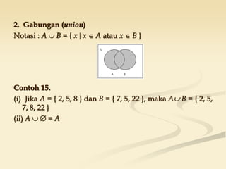 2. Gabungan (union)
Notasi : A  B = { x  x  A atau x  B }
Contoh 15.
(i) Jika A = { 2, 5, 8 } dan B = { 7, 5, 22 }, maka A B = { 2, 5,
7, 8, 22 }
(ii) A   = A
 