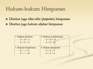 Hukum-hukum Himpunan
 Disebut juga sifat-sifat (properties) himpunan
 Disebut juga hukum aljabar himpunan
1. Hukum identitas:
 A   = A
 A  U = A
2. Hukum null/dominasi:
 A   = 
 A  U = U
3. Hukum komplemen:
 A  A = U
 A  A = 
4. Hukum idempoten:
 A  A = A
 A  A = A
 