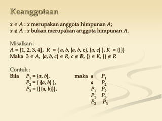 Keanggotaan
x  A : x merupakan anggota himpunan A;
x  A : x bukan merupakan anggota himpunan A.
Misalkan :
A = {1, 2, 3, 4}, R = { a, b, {a, b, c}, {a, c} }, K = {{}}
Maka 3  A, {a, b, c}  R, c  R, {}  K, {}  R
Contoh :
Bila P1 = {a, b}, maka a P1
P2 = { {a, b} }, a P2
P3 = {{{a, b}}}, P1 P2
P1 P3
P2 P3
 