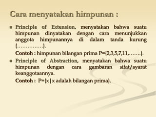 Cara menyatakan himpunan :
 Principle of Extension, menyatakan bahwa suatu
himpunan dinyatakan dengan cara menunjukkan
anggota himpunannya di dalam tanda kurung
{……………}.
Contoh : himpunan bilangan prima P={2,3,5,7,11,…….}.
 Principle of Abstraction, menyatakan bahwa suatu
himpunan dengan cara gambaran sifat/syarat
keanggotaannya.
Contoh : P={x|x adalah bilangan prima}.
 