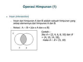 Operasi Himpunan (1)
● Irisan (intersection)
○ Irisan dari himpunan A dan B adalah sebuah himpunan yang
setiap elemennya dari himpunan A dan B.
○ Notasi : A  B = {x|x є A dan x є B}
12
Contoh :
Jika A = {2, 4, 6, 8, 10} dan B
= {4, 10, 14, 18},
maka A  B = {4, 10}
 