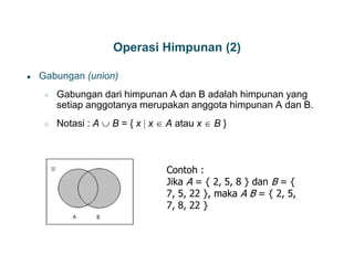 Operasi Himpunan (2)
● Gabungan (union)
○ Gabungan dari himpunan A dan B adalah himpunan yang
setiap anggotanya merupakan anggota himpunan A dan B.
○ Notasi : A  B = { x  x  A atau x  B }
13
Contoh :
Jika A = { 2, 5, 8 } dan B = {
7, 5, 22 }, maka A B = { 2, 5,
7, 8, 22 }
 