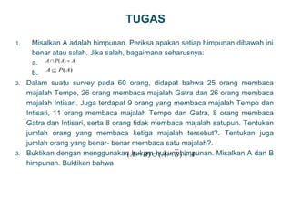 TUGAS
1. Misalkan A adalah himpunan. Periksa apakan setiap himpunan dibawah ini
benar atau salah. Jika salah, bagaimana seharusnya:
a.
b.
2. Dalam suatu survey pada 60 orang, didapat bahwa 25 orang membaca
majalah Tempo, 26 orang membaca majalah Gatra dan 26 orang membaca
majalah Intisari. Juga terdapat 9 orang yang membaca majalah Tempo dan
Intisari, 11 orang membaca majalah Tempo dan Gatra, 8 orang membaca
Gatra dan Intisari, serta 8 orang tidak membaca majalah satupun. Tentukan
jumlah orang yang membaca ketiga majalah tersebut?. Tentukan juga
jumlah orang yang benar- benar membaca satu majalah?.
3. Buktikan dengan menggunakan hukum-hukum himpunan. Misalkan A dan B
himpunan. Buktikan bahwa
31
( )
A P A A
 
( )
A P A

( ) ( )
A B A B A
   
 