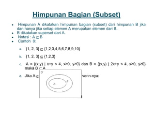 Himpunan Bagian (Subset)
● Himpunan A dikatakan himpunan bagian (subset) dari himpunan B jika
dan hanya jika setiap elemen A merupakan elemen dari B.
● B dikatakan superset dari A.
● Notasi : A  B
● Contoh 8:
a. {1, 2, 3}  {1,2,3,4,5,6,7,8,9,10}
b. {1, 2, 3}  {1,2,3}
c. A = {(x,y) | x+y < 4, x≥0, y≥0} dan B = {(x,y) | 2x+y < 4, x≥0, y≥0}
maka B  A
d. Jika A  B maka bentuk diagram venn-nya:
7
 