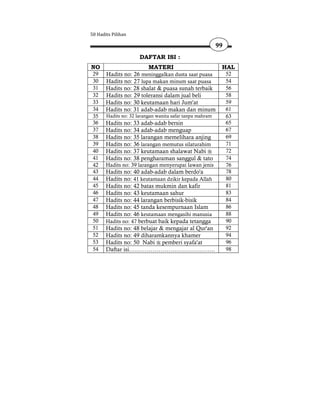 50 Hadits Pilihan

                                                          99
                      DAFTAR ISI :
NO                      MATERI                             HAL
 29    Hadits no: 26 meninggalkan dusta saat puasa             52
 30    Hadits no: 27 lupa makan minum saat puasa               54
 31    Hadits no: 28 shalat & puasa sunah terbaik              56
 32    Hadits no: 29 toleransi dalam jual beli                 58
 33    Hadits no: 30 keutamaan hari Jum'at                     59
 34    Hadits no: 31 adab-adab makan dan minum                 61
 35    Hadits no: 32 larangan wanita safar tanpa mahram        63
 36    Hadits no: 33 adab-adab bersin                          65
 37    Hadits no: 34 adab-adab menguap                         67
 38    Hadits no: 35 larangan memelihara anjing                69
 39    Hadits no: 36 larangan memutus silaturahim              71
 40    Hadits no: 37 keutamaan shalawat Nabi                   72
 41    Hadits no: 38 pengharaman sanggul & tato                74
 42    Hadits no: 39 larangan menyerupai lawan jenis           76
 43    Hadits no: 40 adab-adab dalam berdo'a                   78
 44    Hadits no: 41 keutamaan dzikir kepada Allah             80
 45    Hadits no: 42 batas mukmin dan kafir                    81
 46    Hadits no: 43 keutamaan sahur                           83
 47    Hadits no: 44 larangan berbisik-bisik                   84
 48    Hadits no: 45 tanda kesempurnaan Islam                  86
 49    Hadits no: 46 keutamaan mengasihi manusia               88
 50    Hadits no: 47 berbuat baik kepada tetangga              90
 51    Hadits no: 48 belajar & mengajar al Qur'an              92
 52    Hadits no: 49 diharamkannya khamer                      94
 53    Hadits no: 50 Nabi pemberi syafa'at                     96
 54    Daftar isi……………………………………..                              98
 